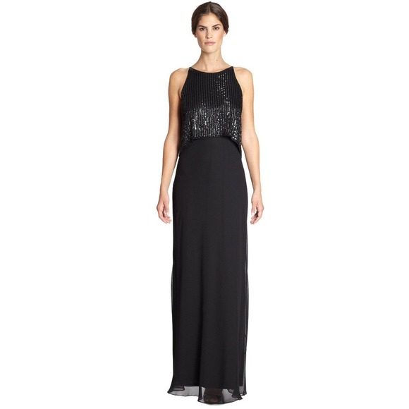 Aidan Mattox Dress Sz 10 Black Sequin Bodice Sleeveless Pop Over Formal Gown - Picture 1 of 13